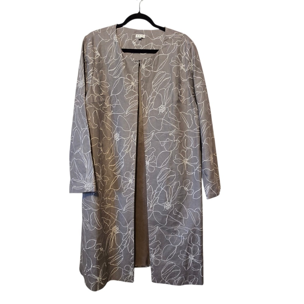 EAST 100% Linen Floral Embroidered Long Jacket Coat Women's LG Gray Lagenlook
